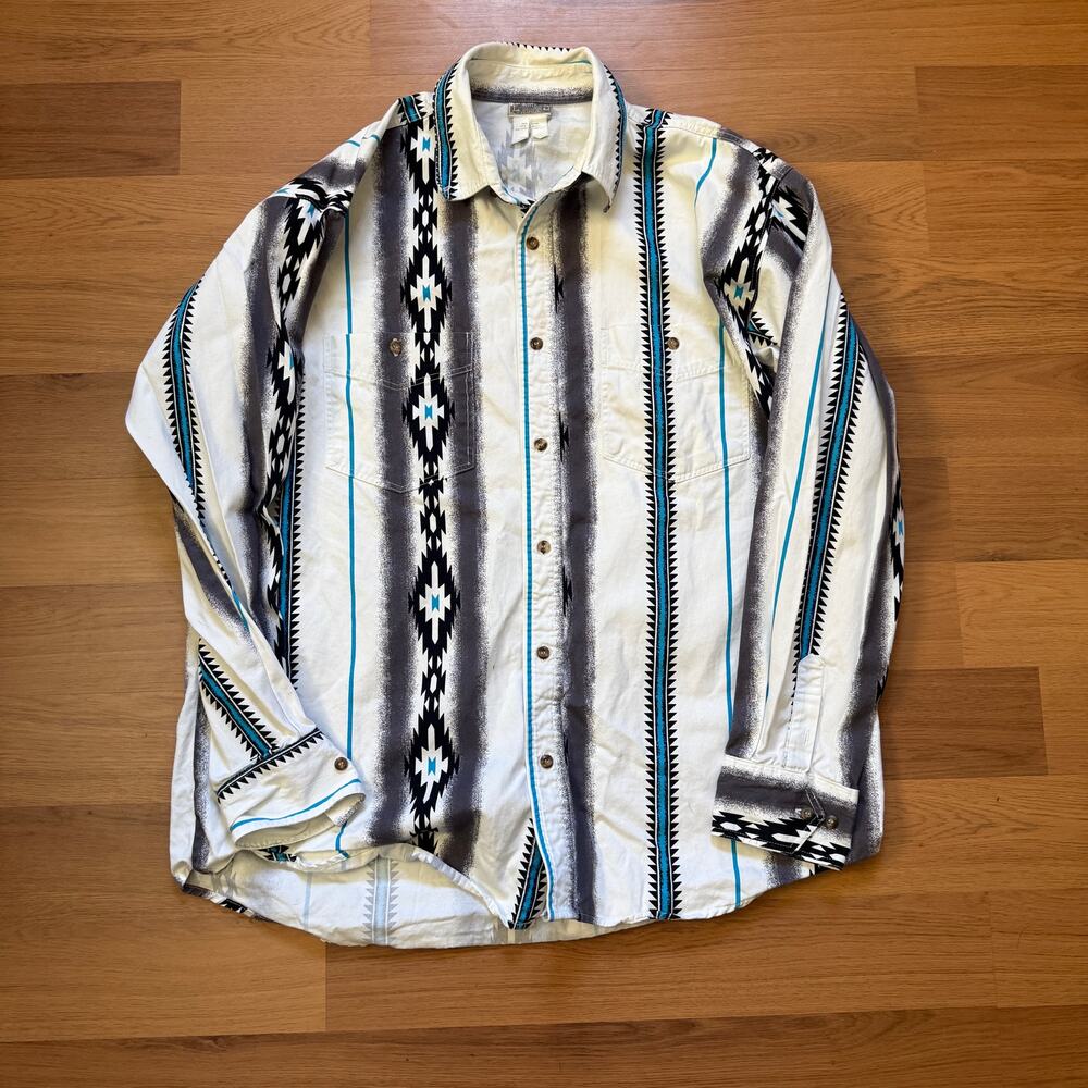 Men's Vintage Express Riders White Aztec Button Up Western Long Sleeve Shirt L